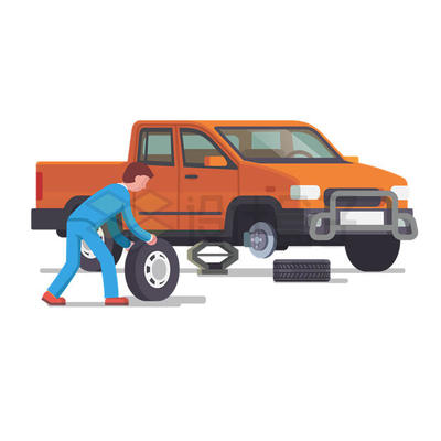 扁平化风格卡通维修工人正在为汽车换轮胎5694978矢量图片免抠